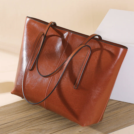 Top Grain Leather Tote Bag For Women Casual Large Shoulder Bag Simple Style Handbags