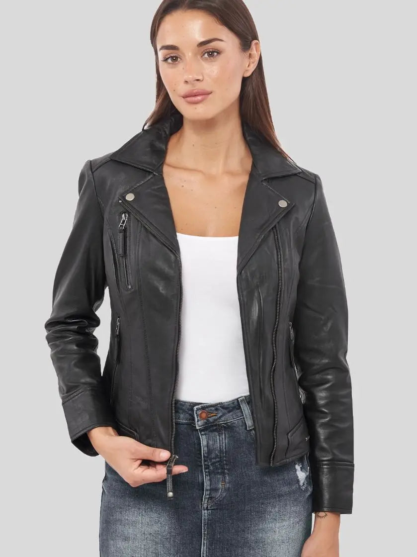 Women Black Biker Leather Jacket by Leather Warrior