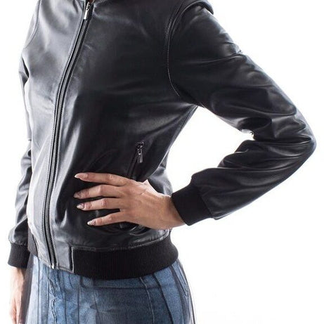 Women’s Simple Black Bomber Leather Jacket