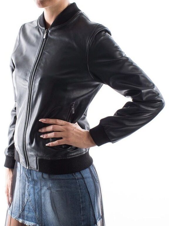 Women’s Simple Black Bomber Leather Jacket