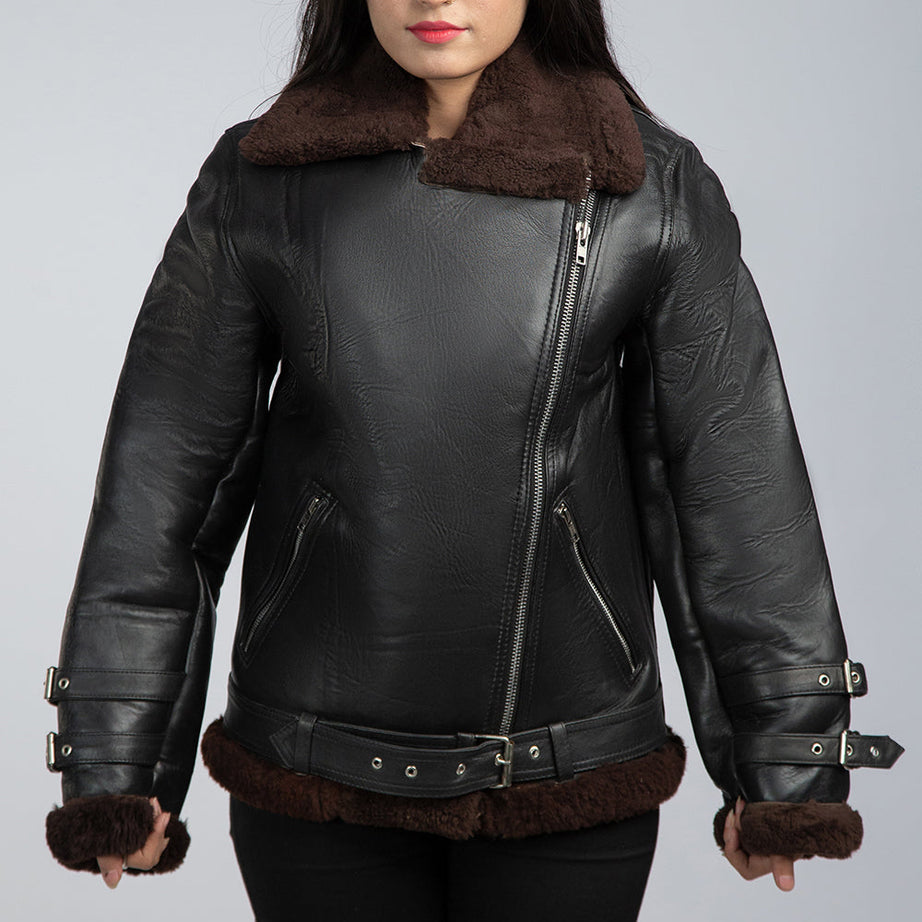 Women Black Leather Fur Jacket