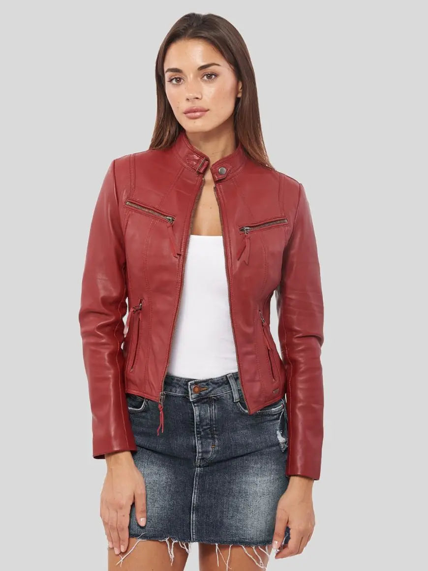 Women Dark Red Biker Leather Jacket by Leather Warrior