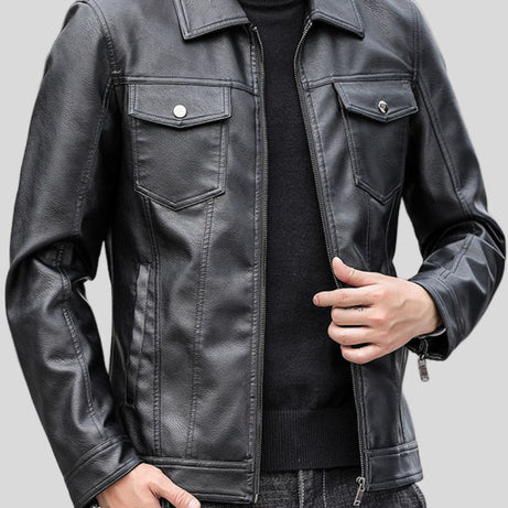 Men Shirt Style Black Leather Jacket by Leather Warrior