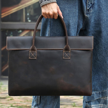 Coffee Crazy Horse Leather Men Handbag Thin And Portable by Leather Warrior