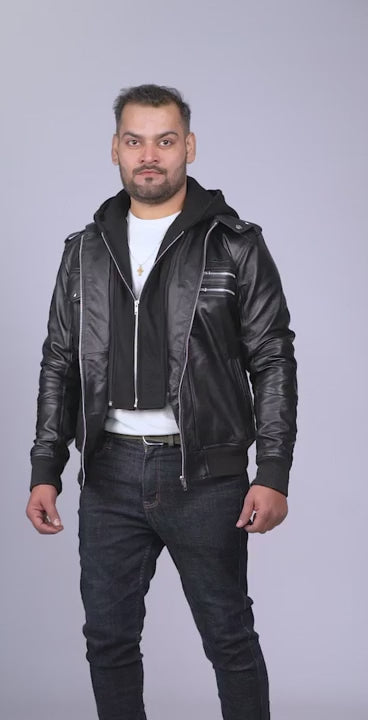 Samuel Biker Leather Jackets With Detachable Hood by Leather Warrior