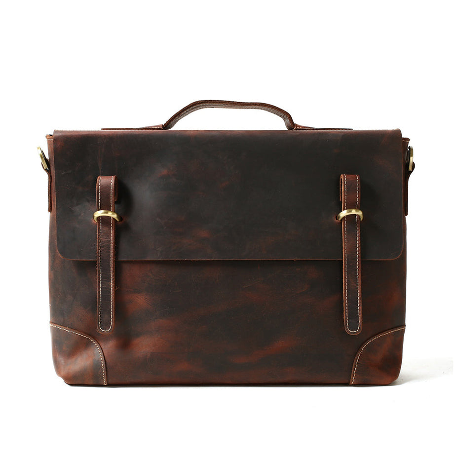 Crazy Horse Leather Laptop Messenger Bags, Dark Brown Business Briefcase, Men's Bags