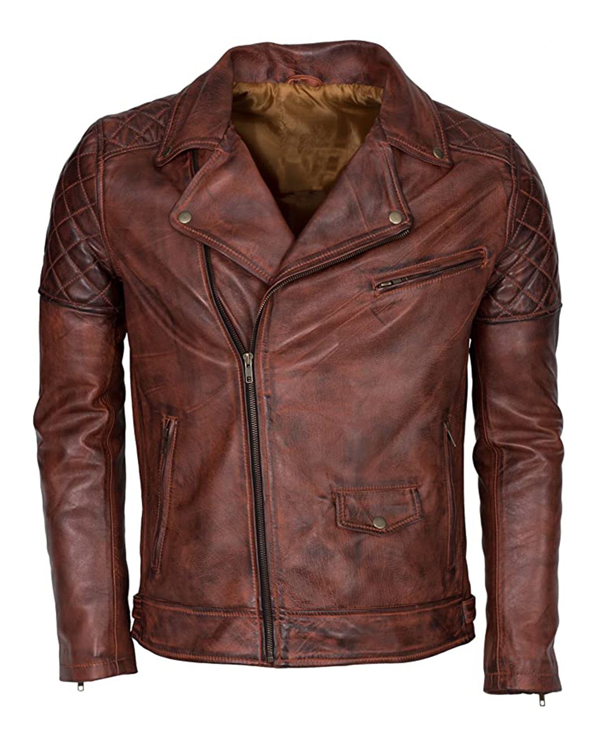 Men Distressed Brown Brando Biker Genuine Sheepskin Leather Jacket by Leather Warrior