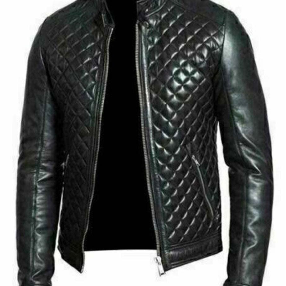 Men's Quilted Black Real Sheepskin Winter Biker Leather Jacket