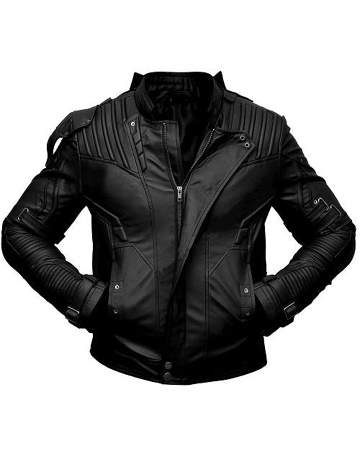 Men Black Short Collar Biker Genuine Sheepskin Leather Jacket