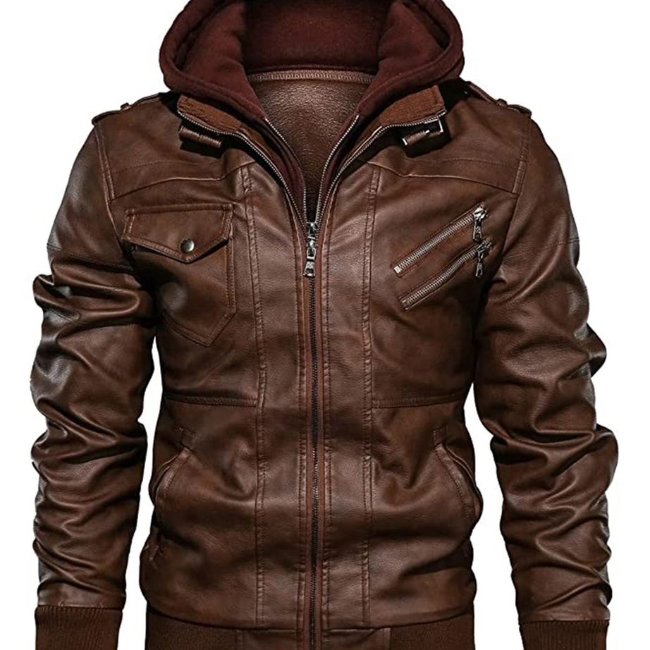 Men's Detachable Hooded Biker Motorcycle Leather Jacket