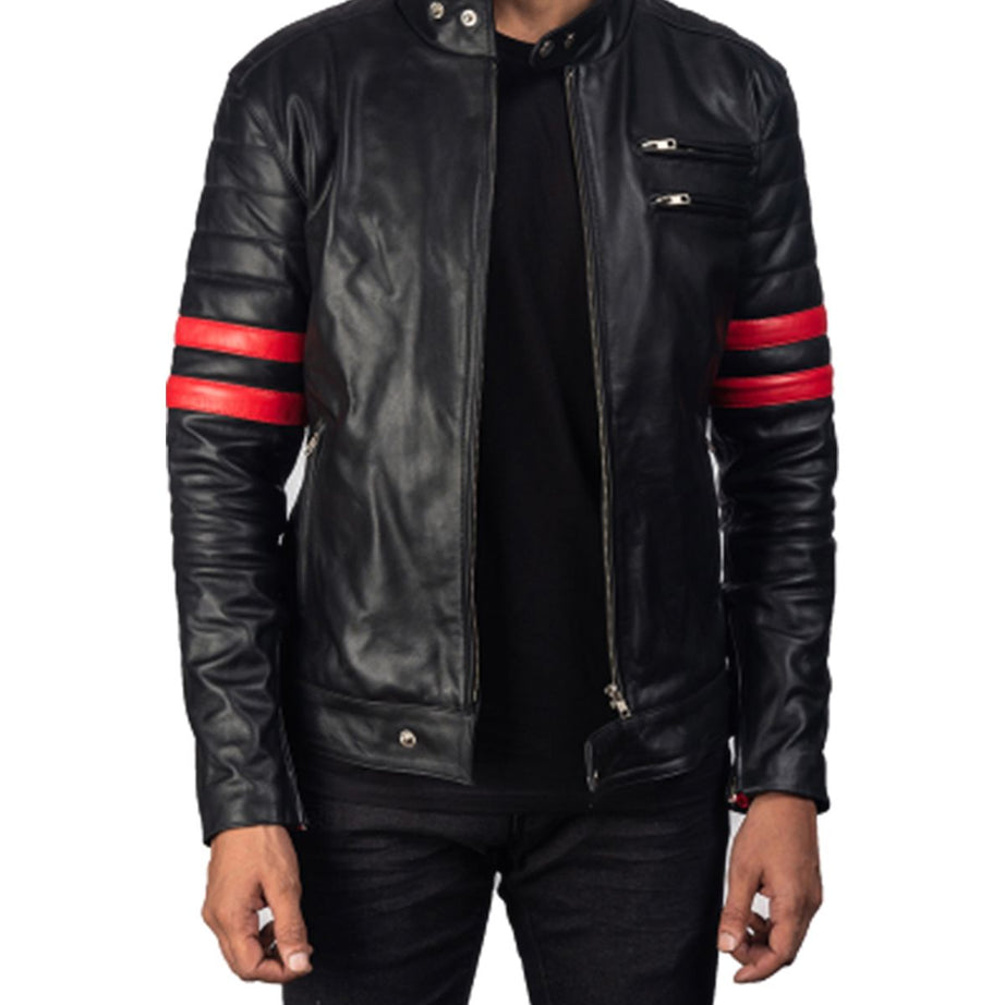 Men's Black Biker With Red Stripes Real Leather Jacket