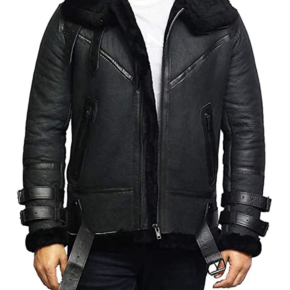 Men B3 Bomber - RAF Aviator Real Sheepskin Leather Jacket by Leather Warrior