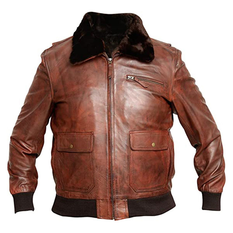 Men's G-1 Navy Distressed Brown Bomber Aviator Real Leather Jacket