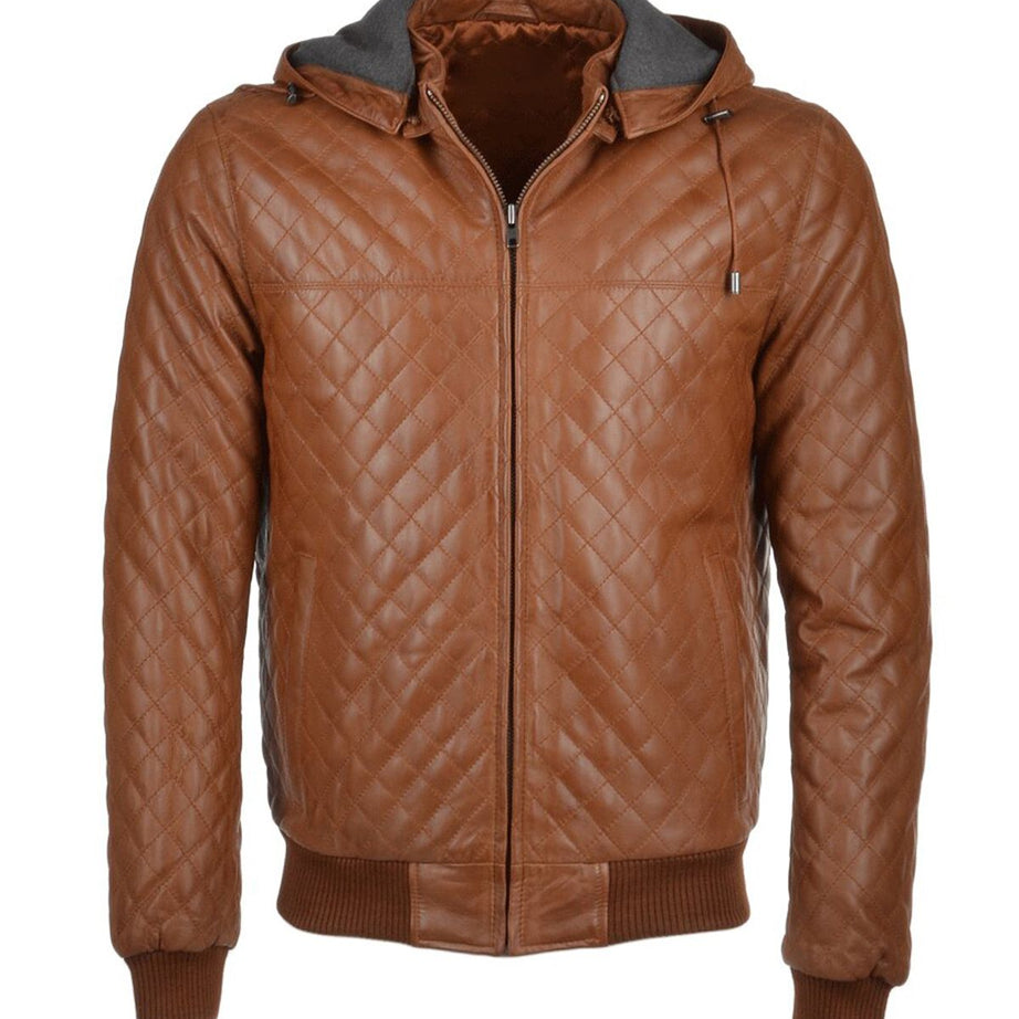 Men's Quilted Detachable Hooded Bomber Real Leather Jacket