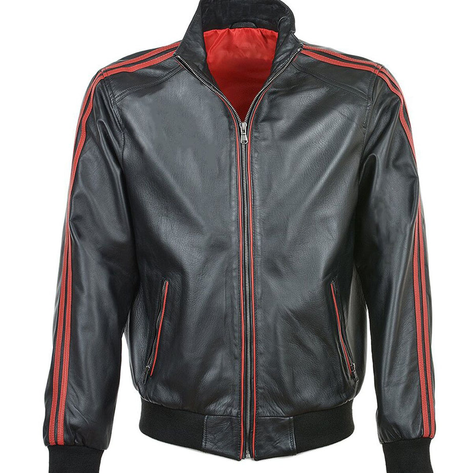 Men Striped Collar Leather Bomber Jacket by Leather Warrior