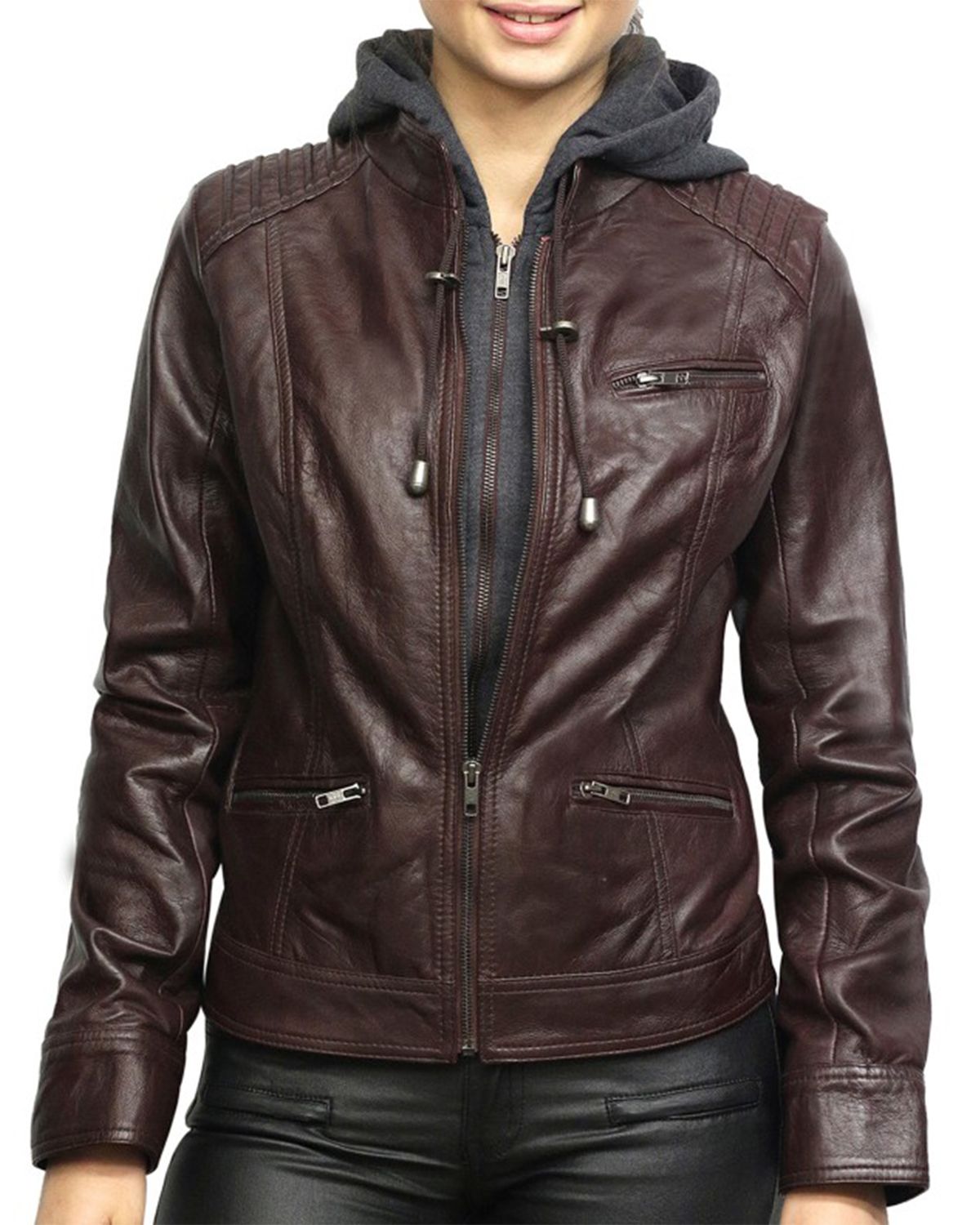 Women's Short Hooded Leather Biker Jacket