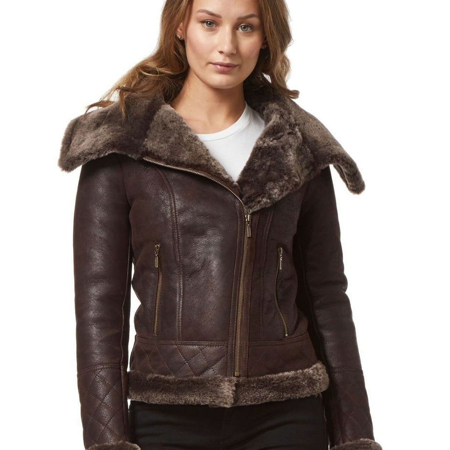 Women's Fur Shearling Stylish Brown Biker Jacket
