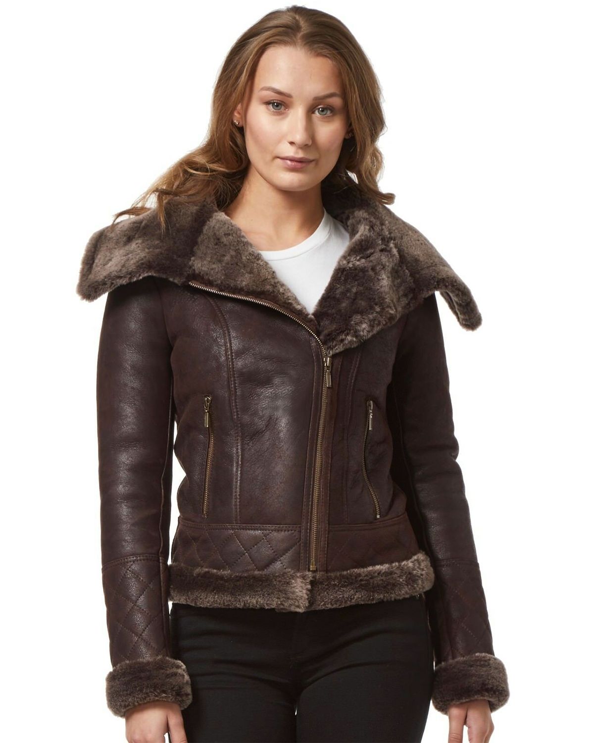 Women Fur Shearling Stylish Brown Biker Jacket by Leather Warrior