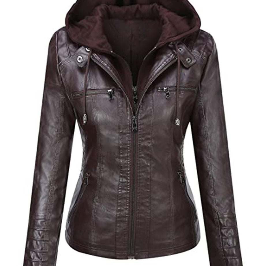 Women's Removable Hood Slim Fit Biker Real Leather Jacket