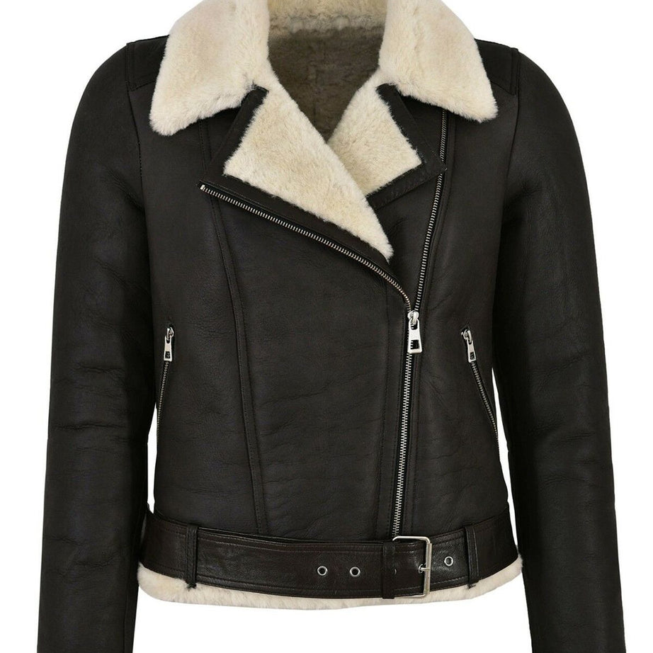 Women's Genuine Leather Faux Fur Shearling Biker Jacket