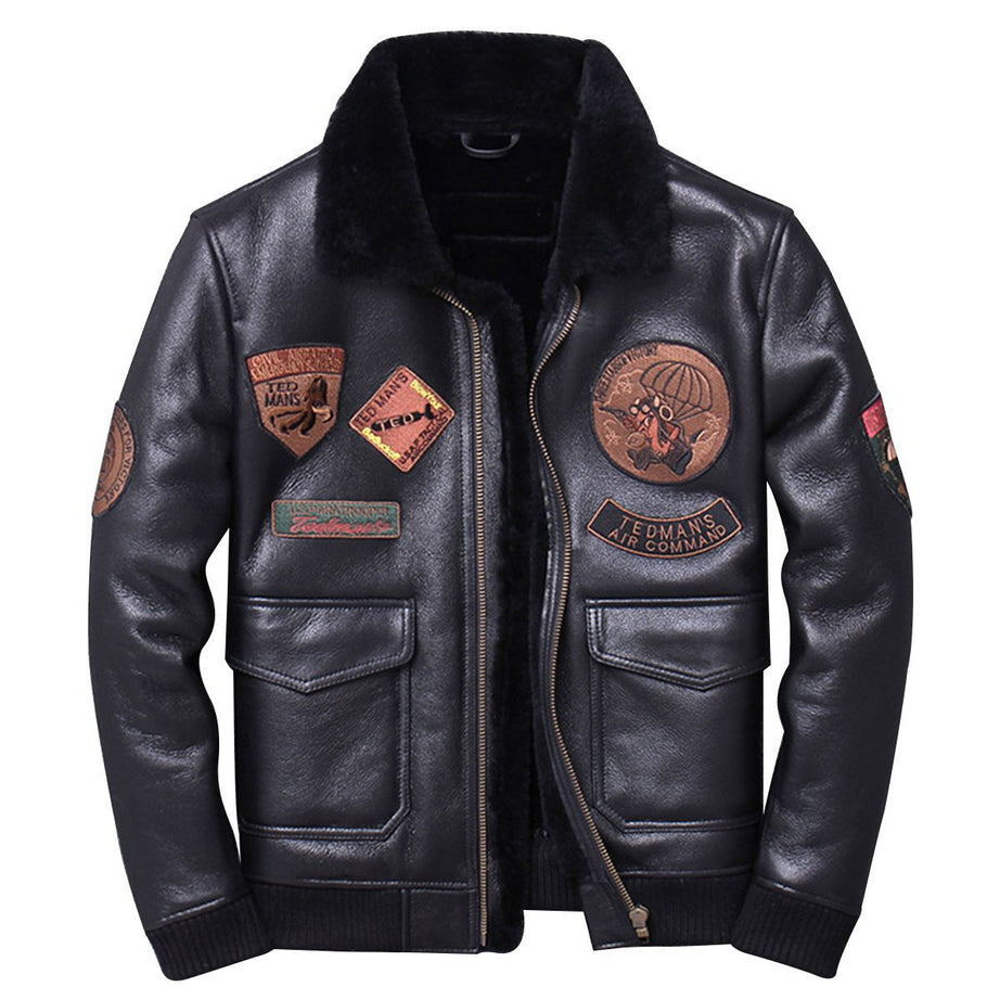 Men’s Black A2 Aviator Genuine Sheepskin Faux Fur Collar  Leather Jacket