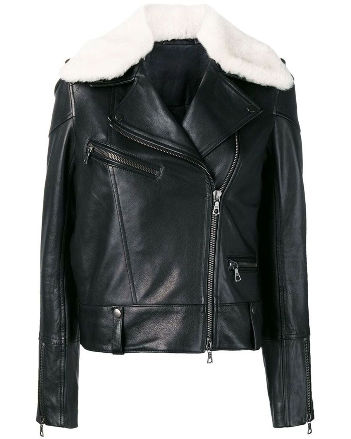 Women Fur Collar Black Aviator Biker Style Leather Jacket