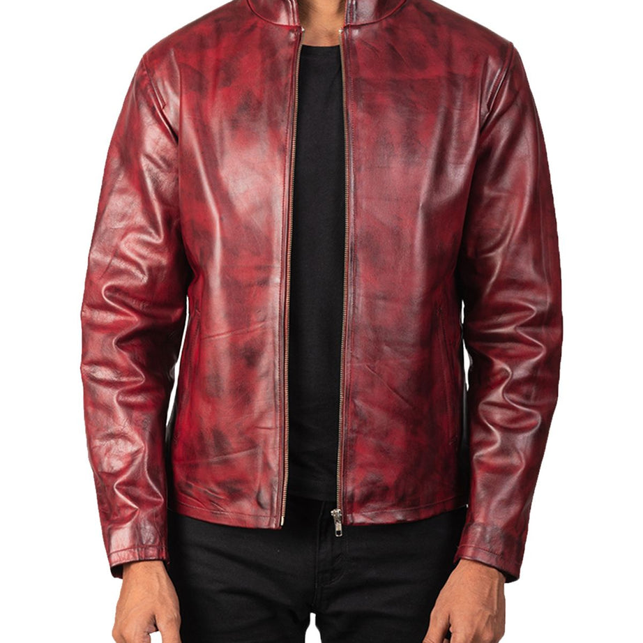 Men's Distressed Burgundy Biker Leather Jacket
