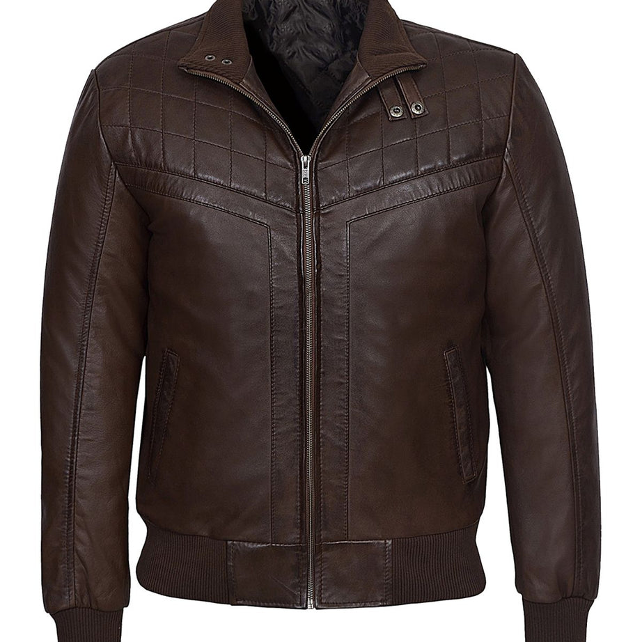 Men's Quilted Brown Retro Bomber Leather