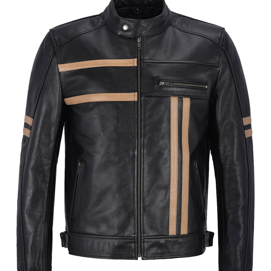Men's Black With Beige Stripes Biker Motorcycle Leather Jacket