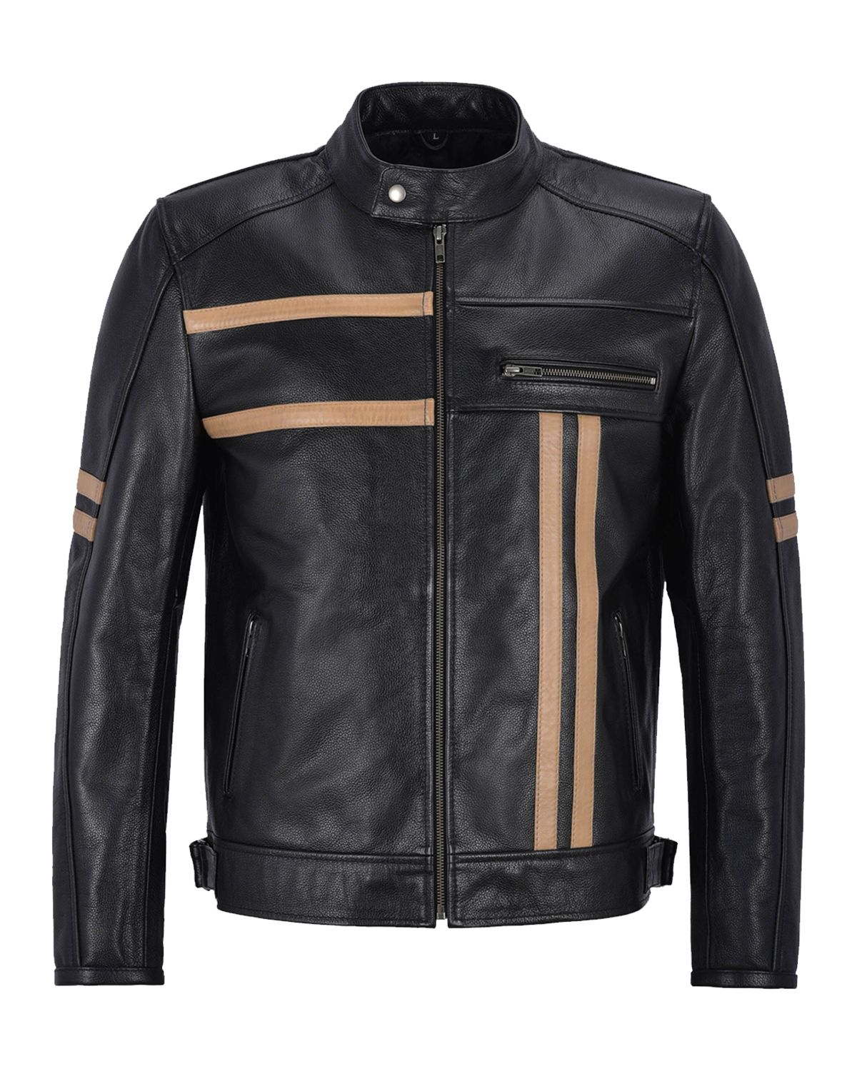 Men Black With Beige Stripes Biker Motorcycle Leather Jacket by Leather Warrior