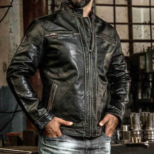 Men Motorcycle Vintage Black Cafe Racer Biker Leather Jacket